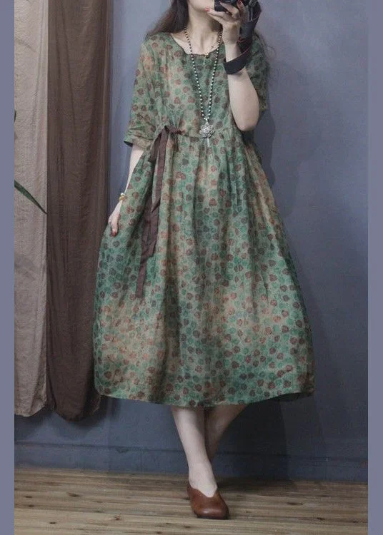 Women Green O-Neck Cinched Print Linen Long Dress Summer