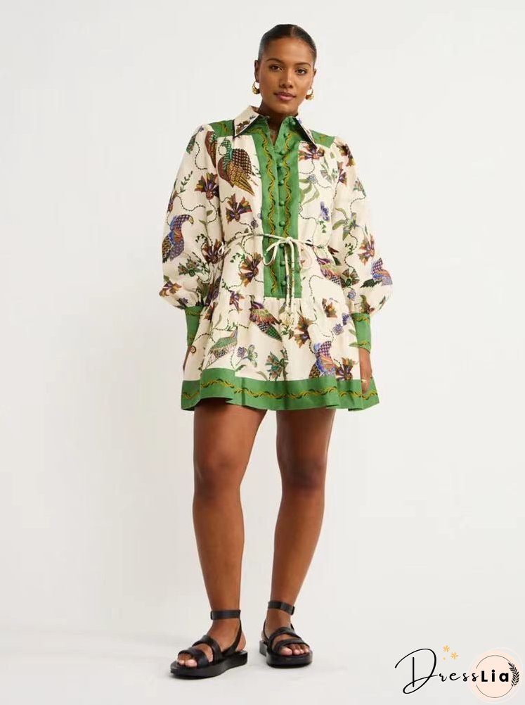 Single-breasted Lantern Sleeve Graffiti Print Lace-up Waist Maxi Dress