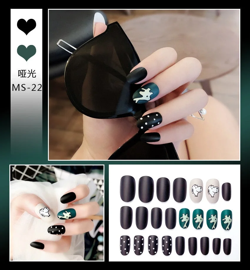 24pcs Matte False Nail Press On Nail With Glue Round Graffiti Fake Nail Manicure Nail Art Decoration  Nail Art Tools-Nail Inspo