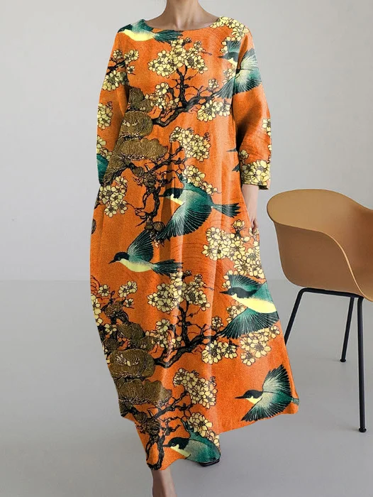 Japanese Art Retro Long Sleeve Loose Mid-length Dress