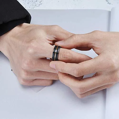 6MM 8MM Women's Or Men's Wedding Tungsten Carbide Wedding Matching Rings Black with Centered Koa Wood Slice Inlay Flat Edged Comfort Fit Brushed