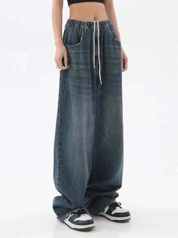 Nncharge Women Vintage Baggy Jeans Elastic Waist Oversized American Trouser Denim Wide Leg Streetwear Straight Basic Pants Y2k