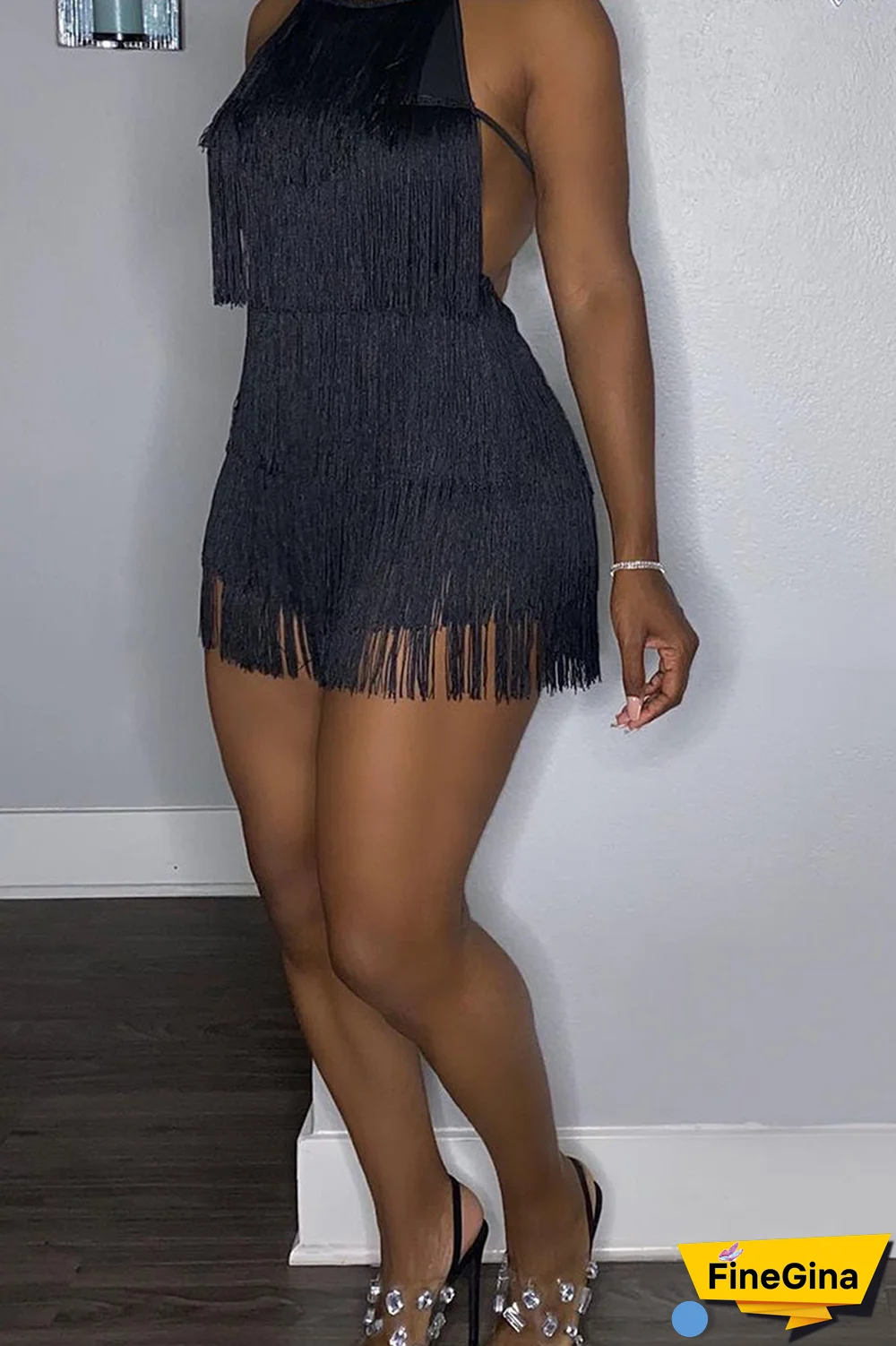 Yellow Sexy Solid Tassel Halter Regular Jumpsuits