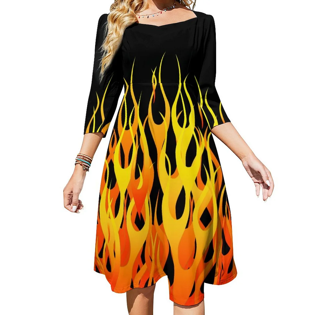 Classic Hot Rod Racing Flames Decor On Dress Sweetheart Tie Back Flared 3/4 Sleeve Midi Dresses