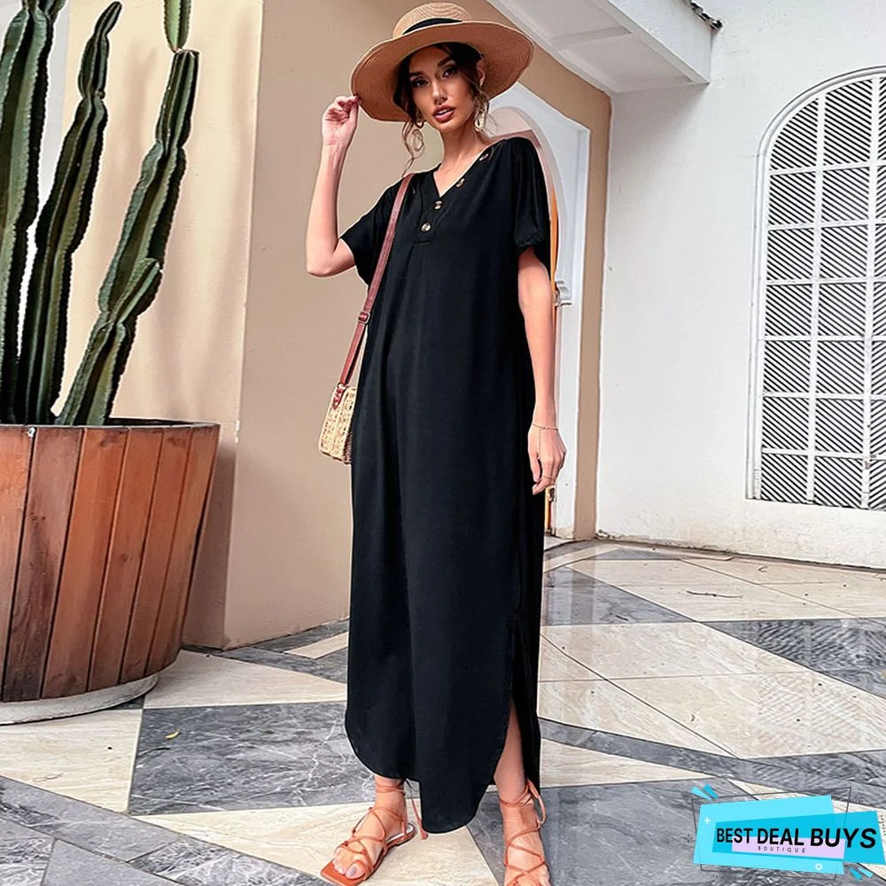 V-Neck Skirt Loose Vintage Dress Black Dresses