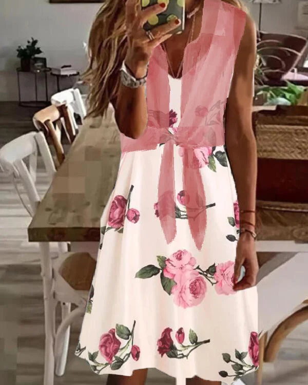 Fake Two Piece Waist V Neck Chiffon Coat Dress