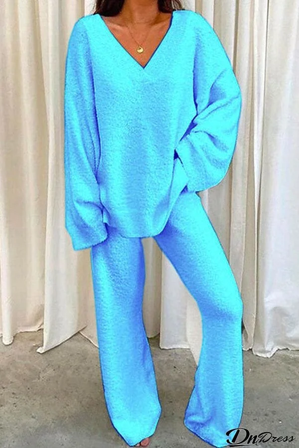 V Neck Batwing Sleeve Top and Straight Leg Pants Loungewear Set