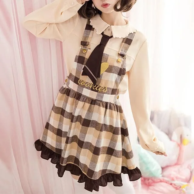 Cute Cream Chocolate T-shirt Plaid Suspender Dress SP178904