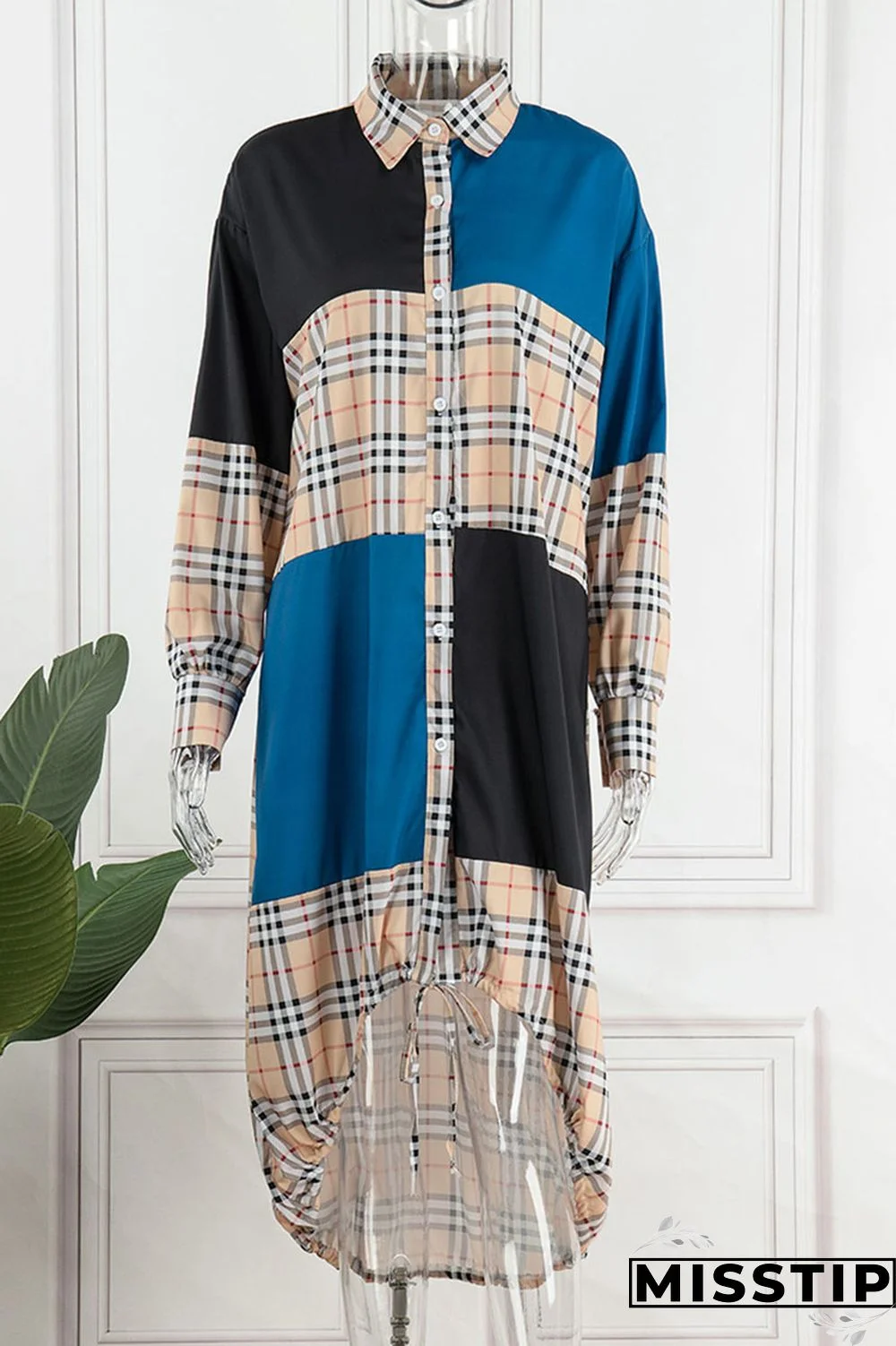 Brown Casual Print Patchwork Draw String Buckle Turndown Collar Shirt Dress Dresses