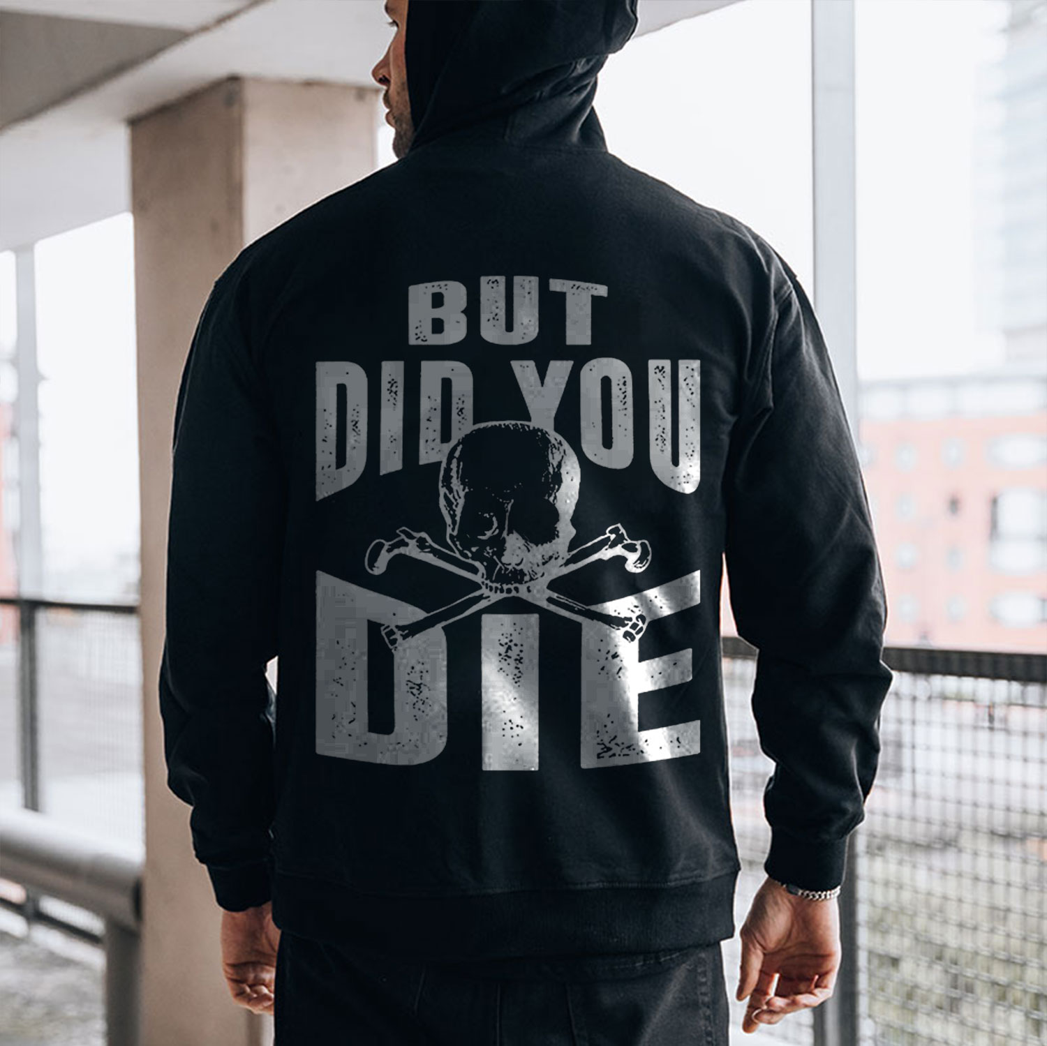 BUT DID YOU DIE Evil Skull Letter Casual Black Print Hoodie