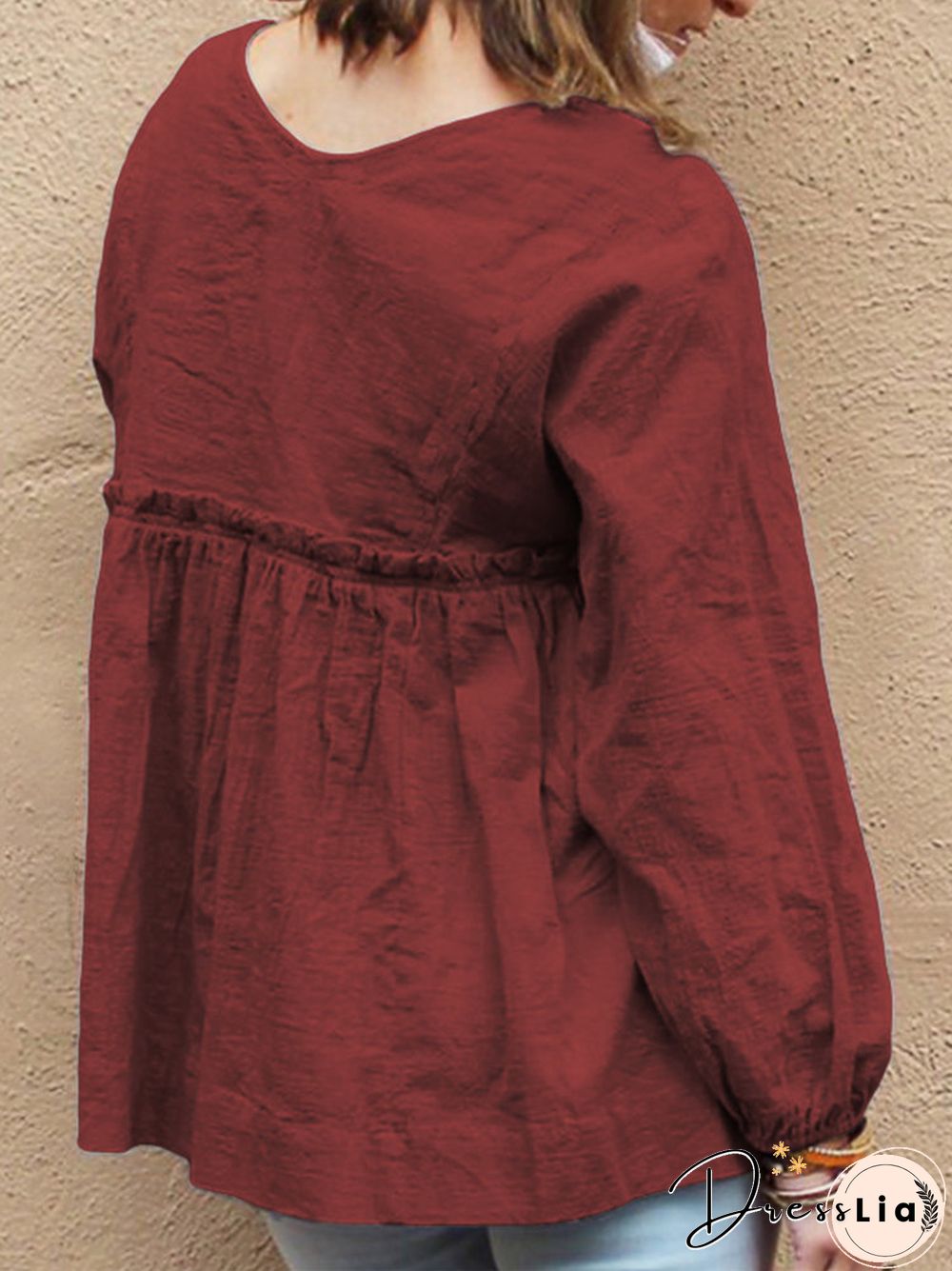 Solid Color Bandage Long Sleeve Loose Blouse For Women