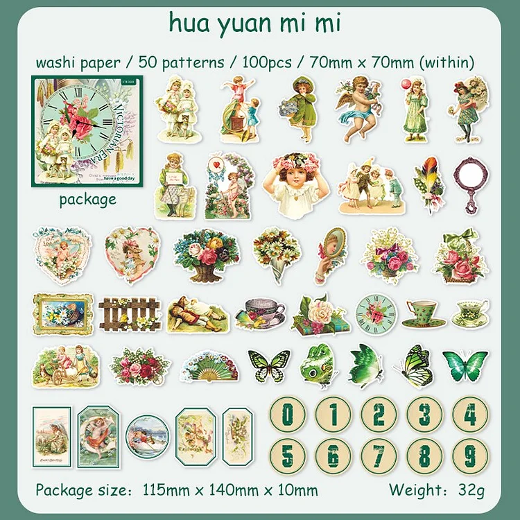 Journalsay 100 Sheets Victorian Era Series Vintage Character Flower Washi Paper Sticker