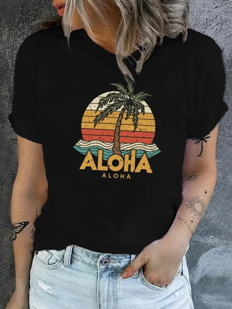 ALOHA Palm Tree & Sunset Print T-Shirt  Casual Crew Neck Short Sleeve T-Shirt For Spring & Summer  Women's Clothing