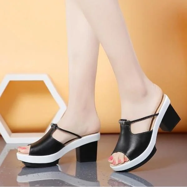 Summer Women Leather Slip On Slippers Casual Mature Square Heel Sandals