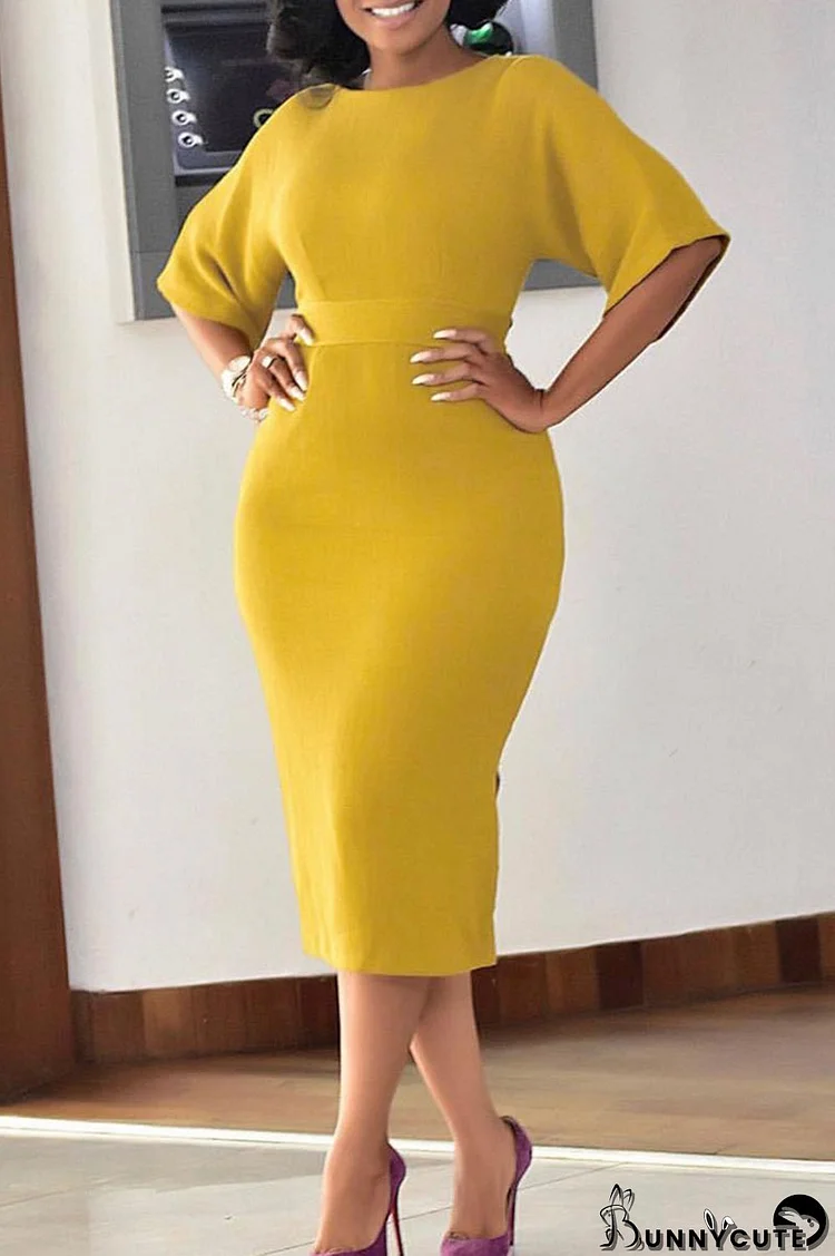 Yellow Casual Elegant Solid Patchwork Slit O Neck One Step Skirt Dresses