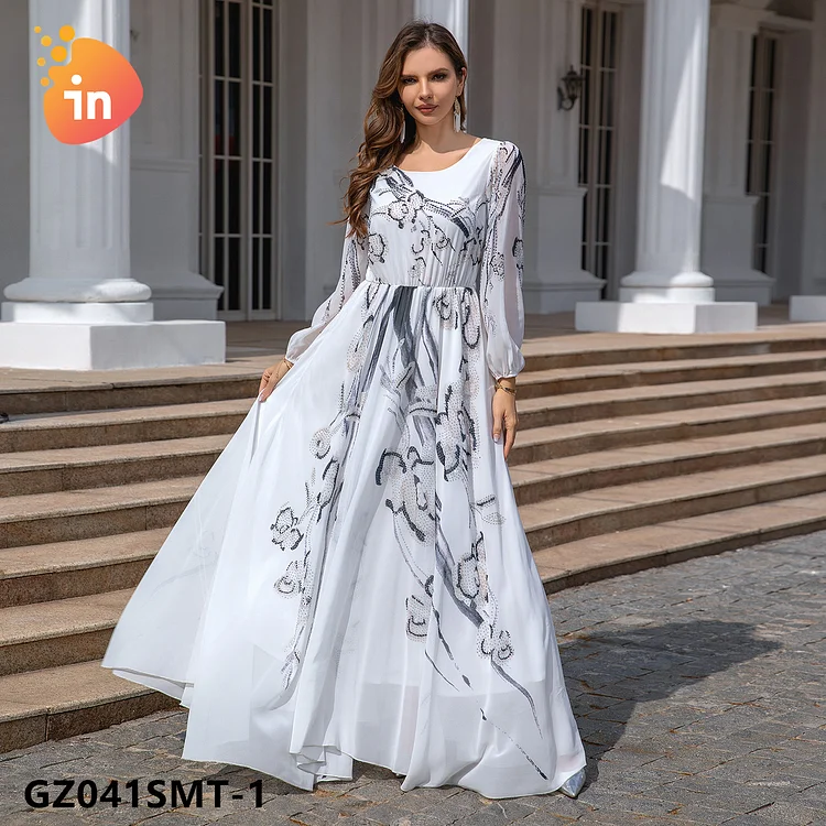 2024 Middle East Dubai Muslim Women Printed Sequin Abaya Long Robe Double Layer Lining Maxi Dress-GZ041SMT