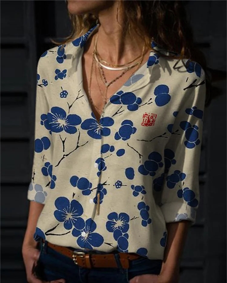 Cherry Blossom Japanese Lino Art Flowy Blouse