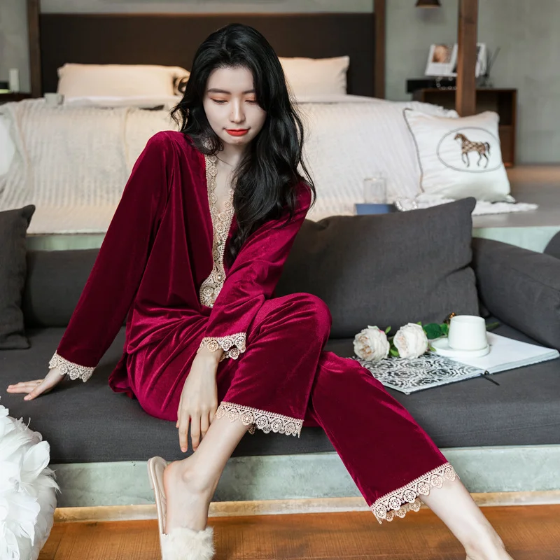 Autumn Velvet Pajamas Set Women Long Sleeve Sleepwear Trouser Suits  Lace Trim V-Neck Nightwear Pyjamas Suit Loose Homewear