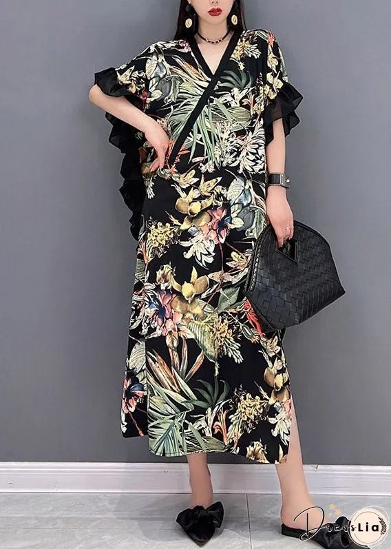 Green Side Open Print Long Dress Short Sleeve