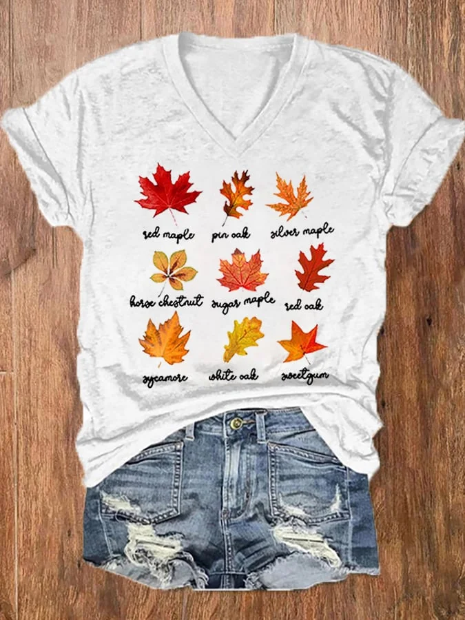 Women's Fall Leaves Print Casual V-Neck Tee