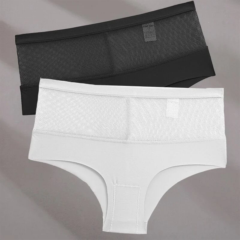 FINETOO 2PCS/Set Seamless Mesh Women Pantys Girls Thongs High Waisted Woman Brief Fashion M-XL Sexy Underpants Lingerie Panties