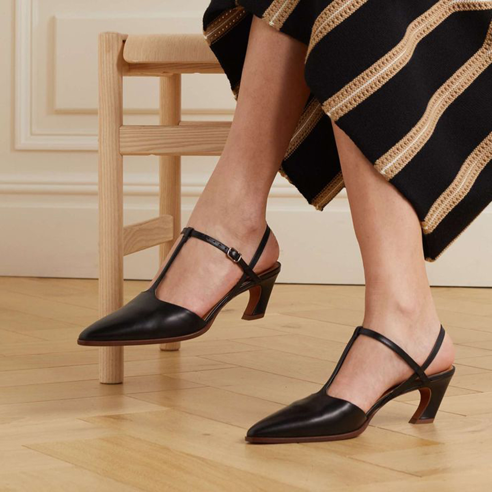 Black Vegan Leather Closed Toe Chunky Heel T-Strap Pumps Nicepairs