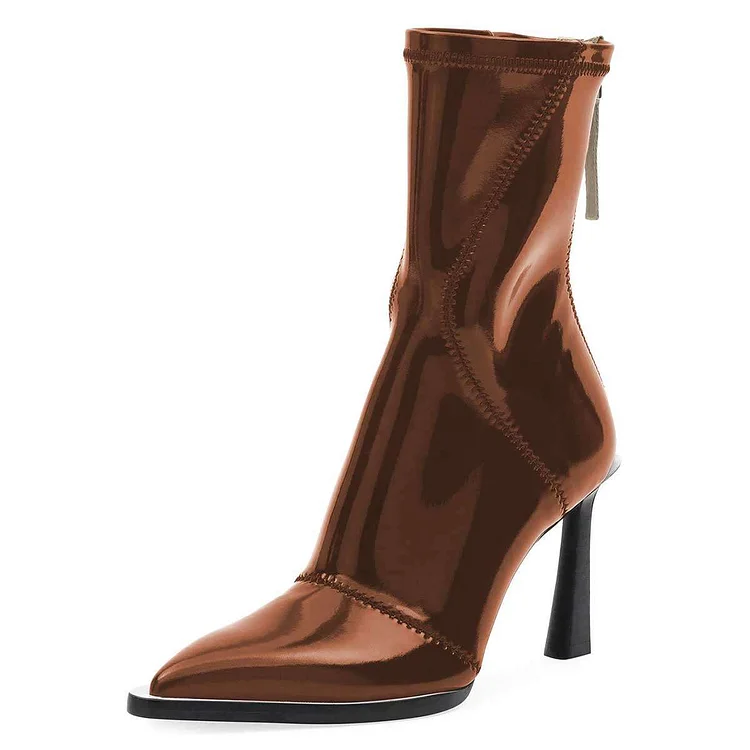 Brown Patent Leather Zipper Pool Heel Mid-Calf Boots by FSJ |FSJ Shoes