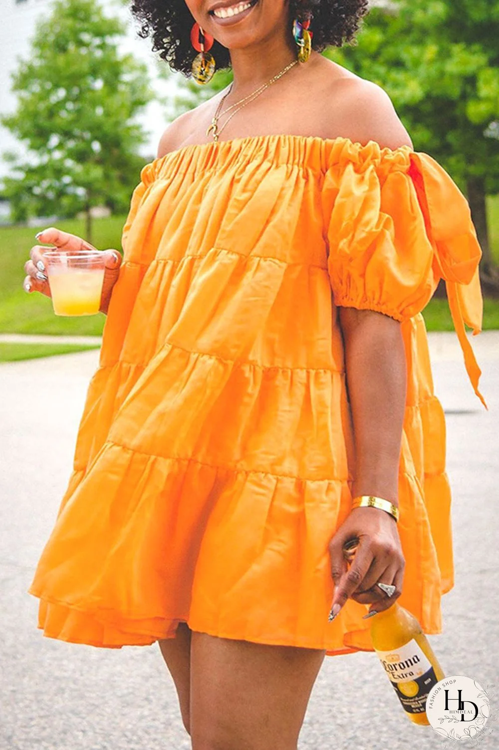 Orange Sexy Casual Solid Patchwork Backless Off the Shoulder Short Sleeve Dress