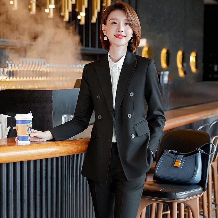 Women Pants Suit Uniform Designs Formal Style Office Lady Bussiness Attire Spring and Autumn Long Sleeve White Collar for Workplace Work Suit