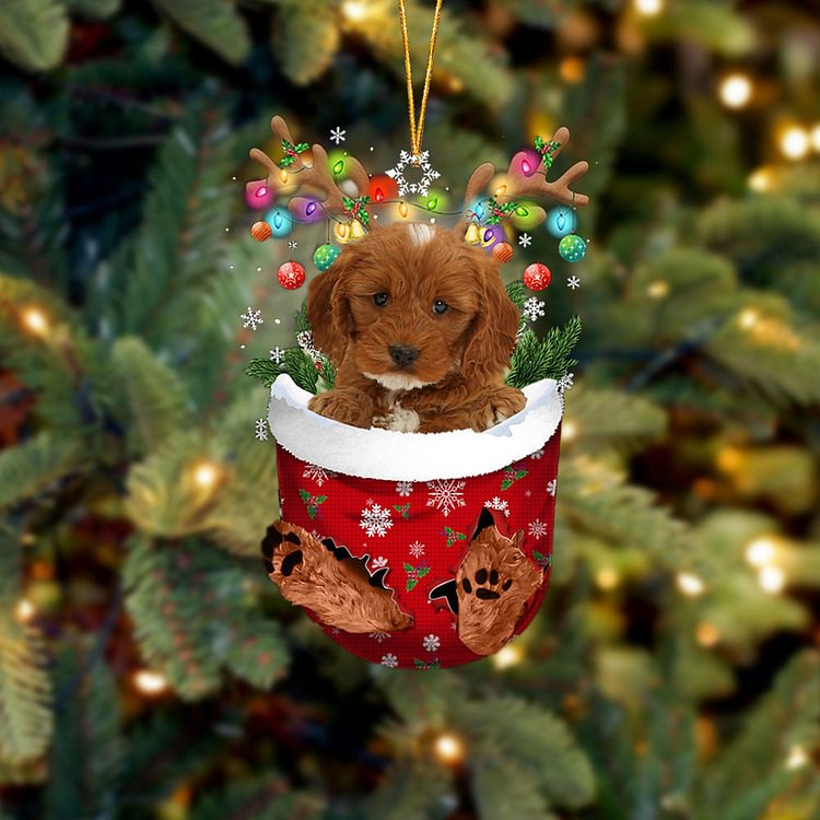 RED Cockapoo In Snow Pocket Christmas Ornament
