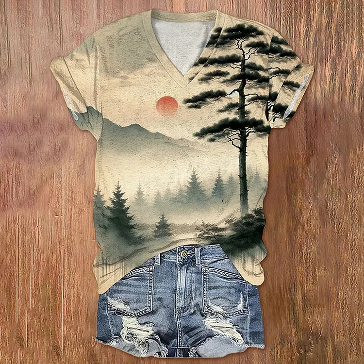 Comstylish Women's Serene Sunrise Over Misty Mountains Japanese Art Print Casual T-Shirt