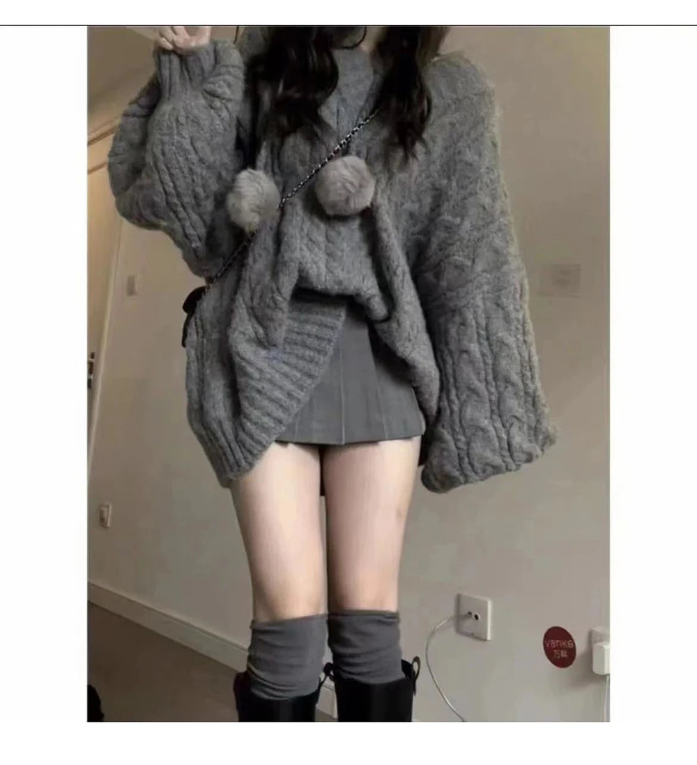 V-Neck Thickened Fried Dough Twists Sweater Autumn and Winter Loose Outwear Lazy and Gentle Design Small Warm Knit Top Aiertu
