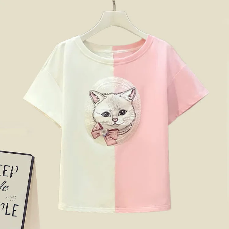 Cartoon Cat Print Clorblock T-Shirt Overalls Shorts Two Piece Set - Modakawa Modakawa