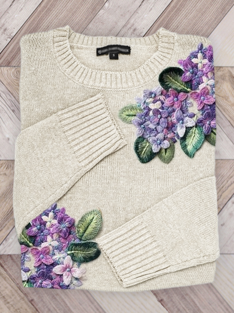 Comstylish Hydrangea Flowers 3D Embroidered Knit Sweater
