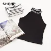 SHEIN Black Rib Knit Lettering Halter Neck Slim Fit Tank Tops Women Vest 2019 Summer Fashion Female New Active Wear Top Vests