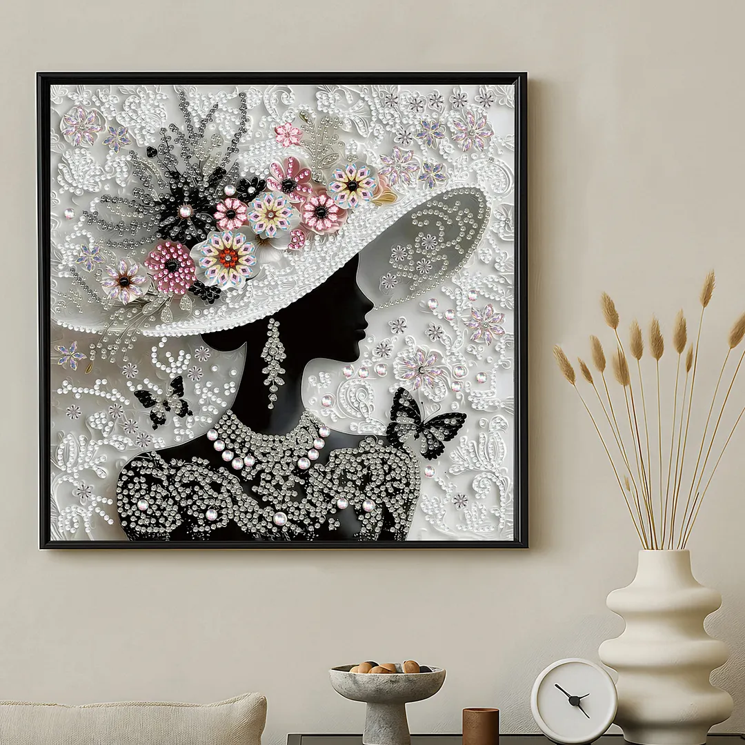 Floral Hat Silhouette Special Shaped 5D DIY Partial Drill Diamond Painting Kits for Adults Beginners Home Decor Diamonds Dots Gem Art Kits Diamond Art Kit 11.81 X11.81inch