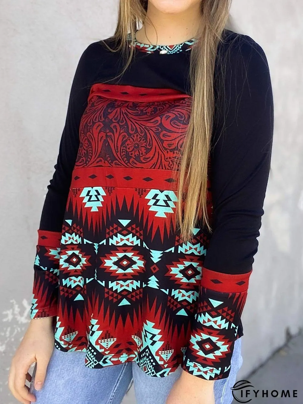 Vintage Crew Neck Printed Long Sleeve shirt & Tunic Top | IFYHOME