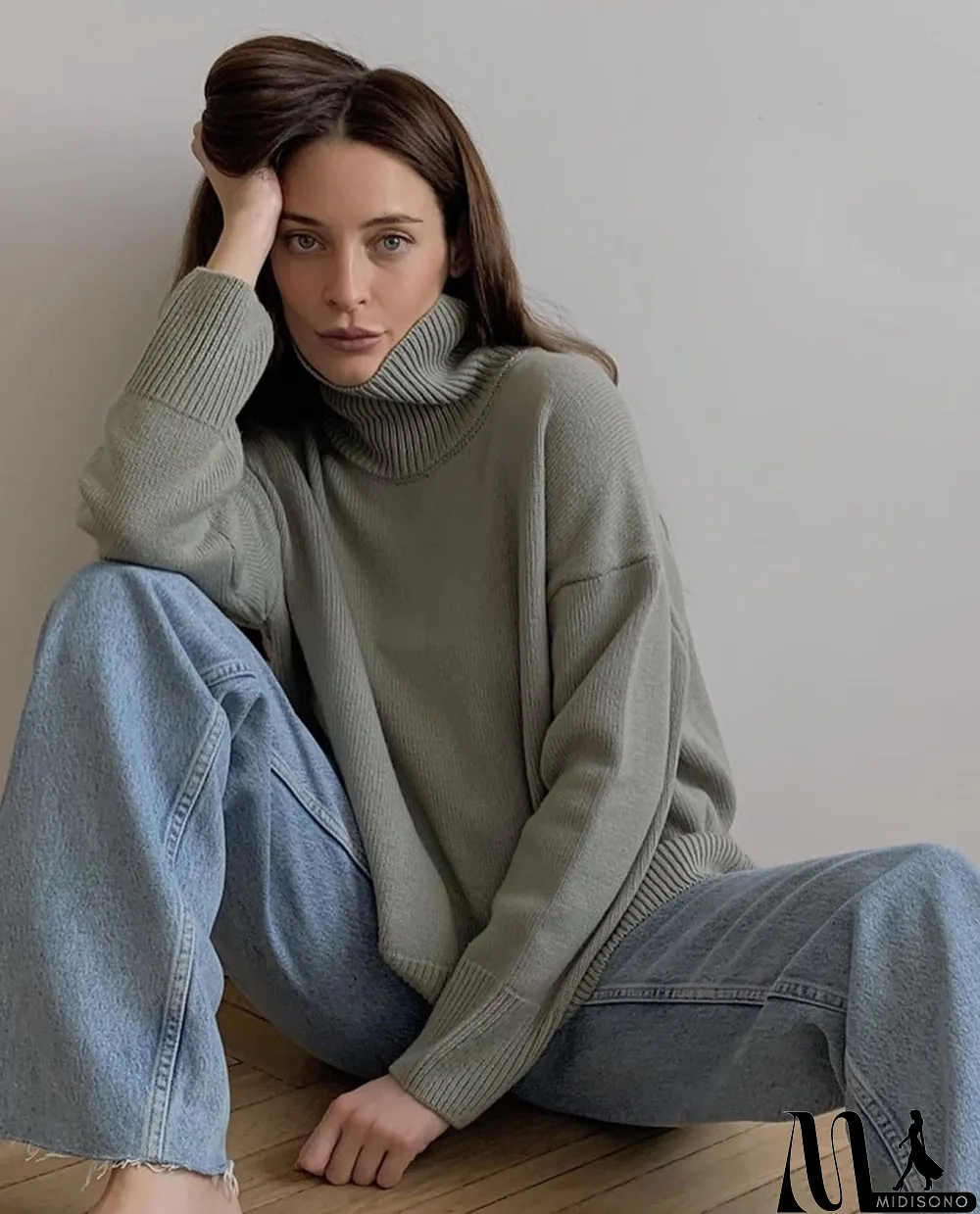 MidiSono - Winter Solid Plain Turtleneck Pullover Loose Sweater