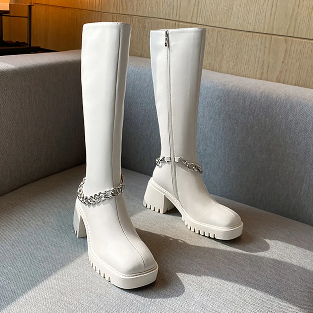 70mm Square Toe Block Heel Chain Rider Boots-vocosishoes