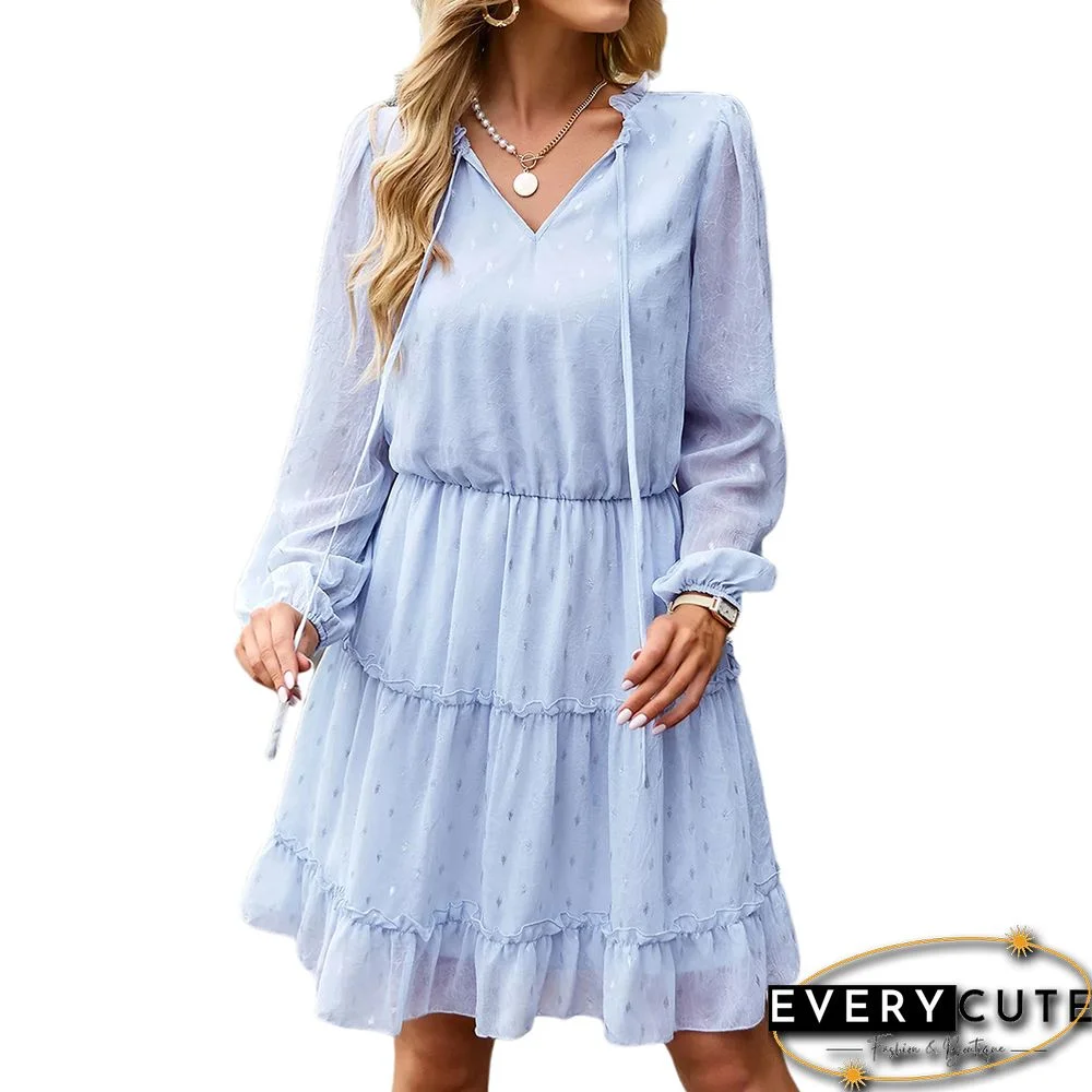Light Blue Lace-up Ruffle Detail V Neck Casual Dress