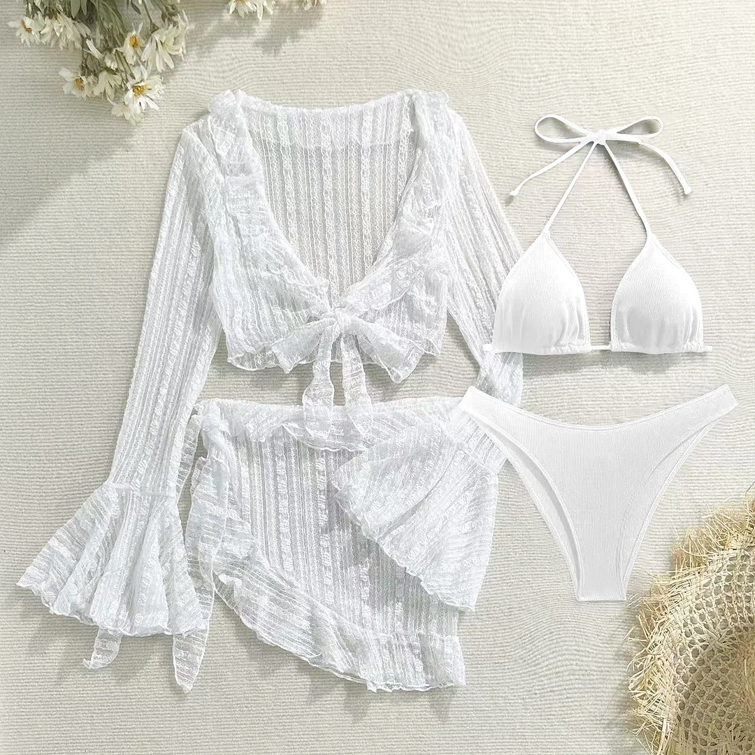 Uveng 2024 New Sexy Lace Mesh Four-Piece Swimsuit Bikini