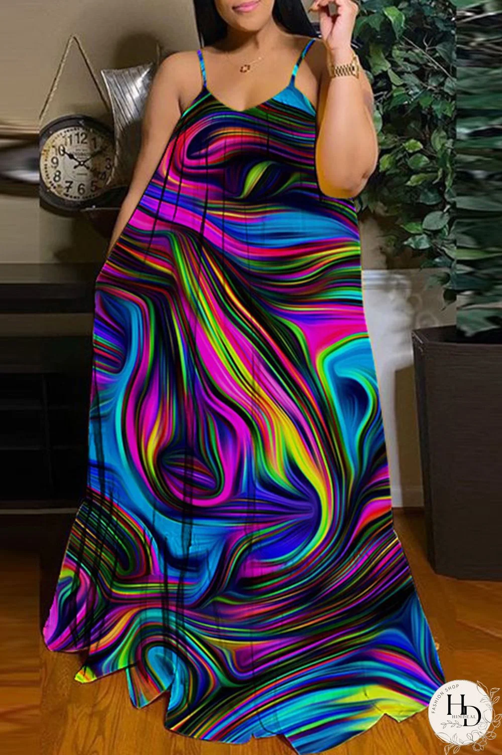 Apricot Sexy Casual Print Backless Spaghetti Strap Long Dress Dresses