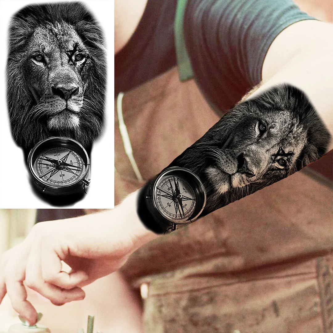 Lion Compass Temporary Tattoos For Men Adults Realistic Skull Cross Praying Wolf Snake Fake Tattoo Sticker Arm Body Tatoos