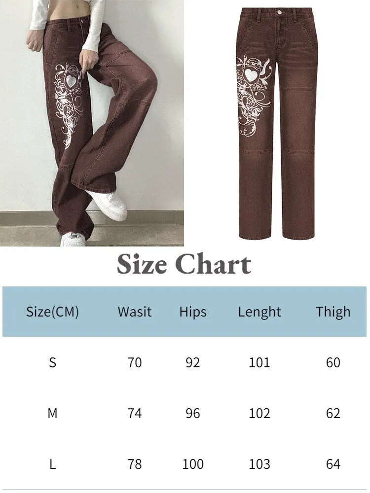 Jacuqeline 2022 Print Denim Y2K Cargo Pants Woman Low Rise Baggy Jeans Straight Long Trouser Women Clothing Fairy Grunge Vintage