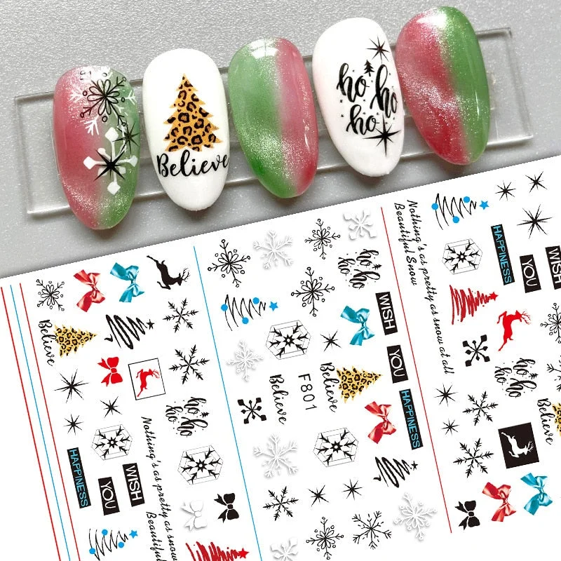 Merry Christmas 3D Nails Sticker Winter Cute Cartoon Sliders Snowflake Elk Xmas Tree Decal UV Gel Polisn Manicures Foils Decor-Nail Inspo