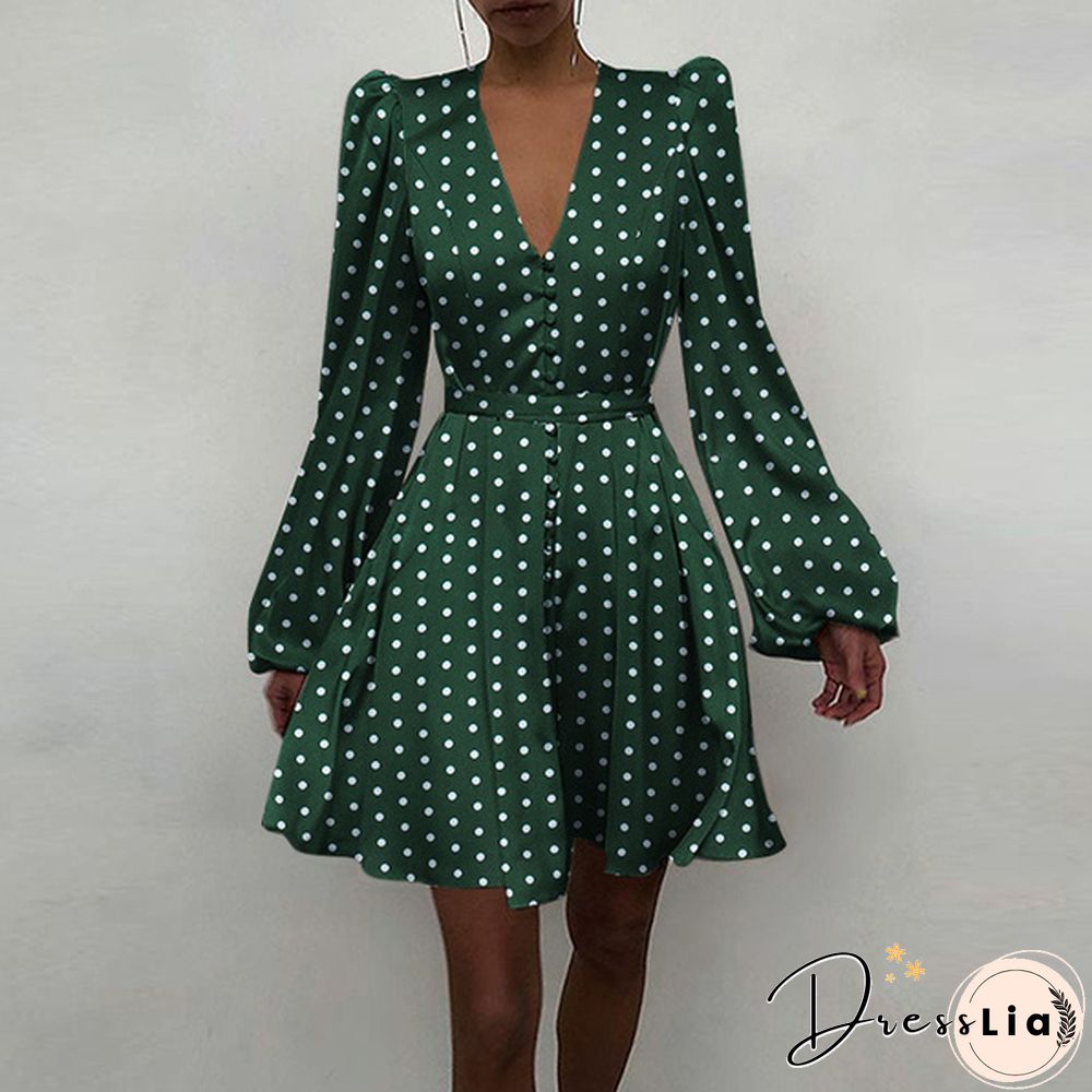 Autumn Spring Dresses Women Stain Silk Polka Dot Puff Long Sleeve V Neck Party Mini A Line Dress Plus Size