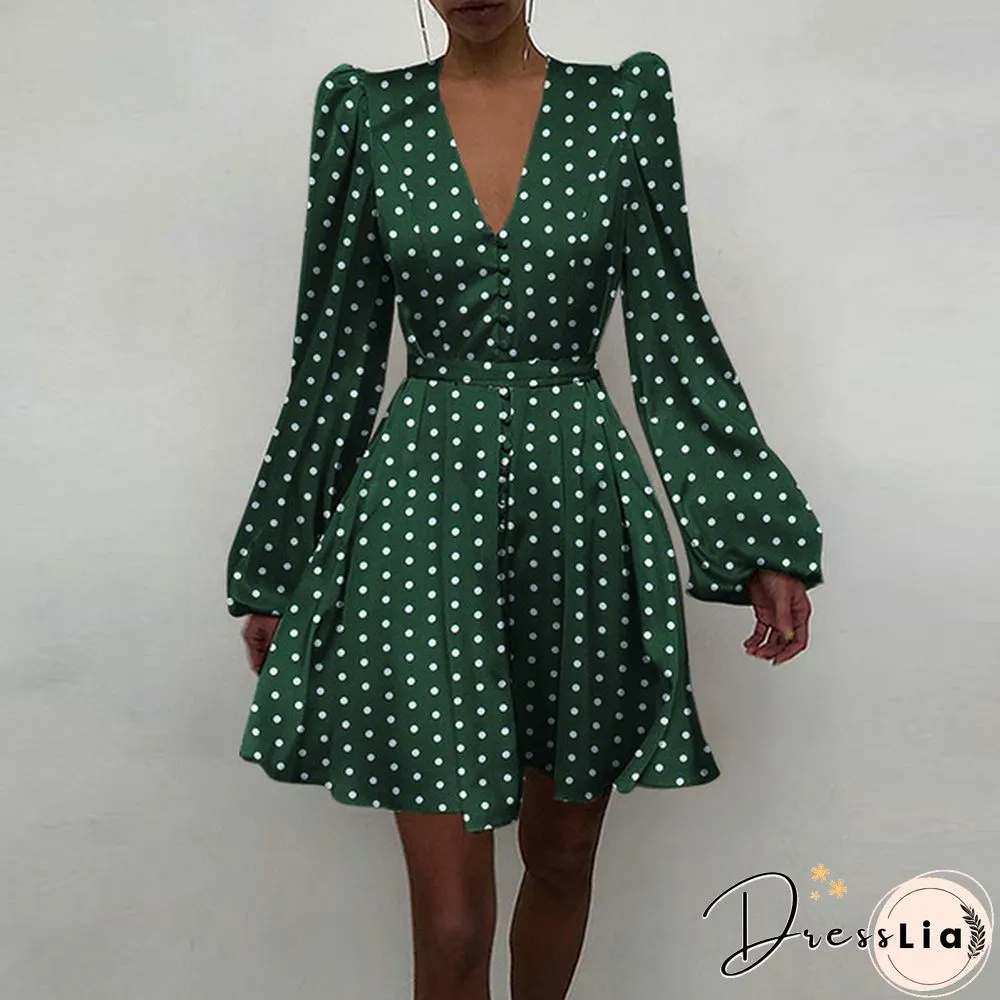 Autumn Spring Dresses Women Stain Silk Polka Dot Puff Long Sleeve V Neck Party Mini A Line Dress Plus Size