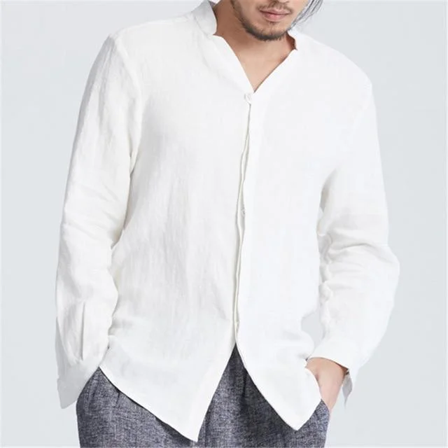 V Neck Solid Color Covered Button Loose Fit Long Sleeve Retro Shirts