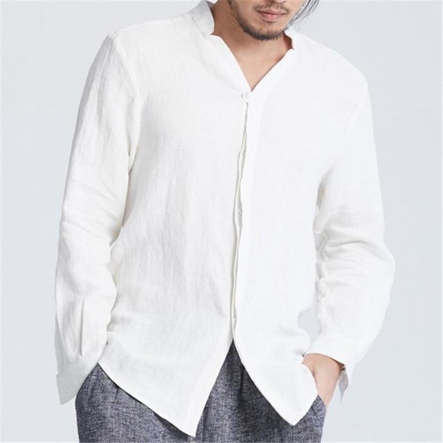 V Neck Solid Color Covered Button Loose Fit Long Sleeve Retro Shirts