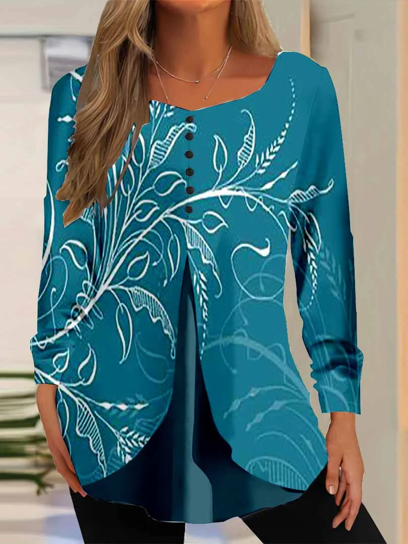 Women Floral,Blue DZGG8362 Long Sleeve Scoop Neck Printed Graphic Button Fake 2in1 Tops